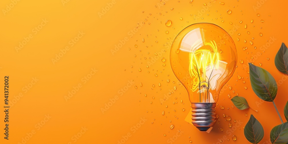 Light bulb on an orange background with water droplets, concept of ideas. Free copy space for text. Light bulb on an orange background with water droplets, concept of ideas. Free copy space for text.