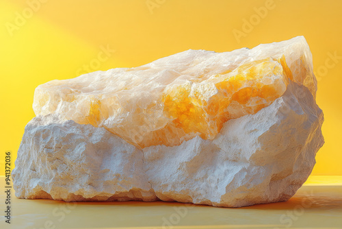 A lump of sulfur, isolated on a pastel yellow background, capturing the byproduct of refining fossil fuels, photo