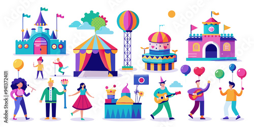Set of attending local events or festivals scenes. Cartoon images isolated on white background. Vector illustration.