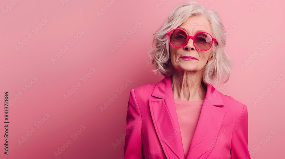 A stylish elderly woman in pink attire and sunglasses poses confidently against a pink background. A stylish elderly woman in pink attire and sunglasses poses confidently against a pink background.
