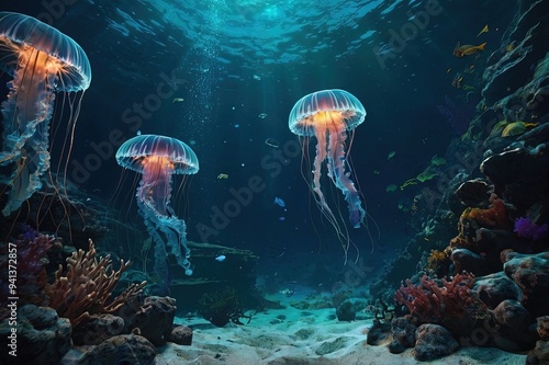 Underwater fantasy world. The dark bottom of the ocean, the abyss. 