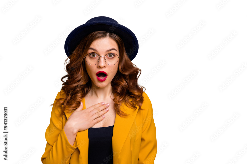 Close-up portrait of nice charming cute attractive lovely winsome chic elegant gorgeous amazed wavy-haired lady wearing yellow blazer opened mouth isolated on bright vivid shine orange background Close-up portrait of nice charming cute attractive lovely winsome chic elegant gorgeous amazed wavy-haired lady wearing yellow blazer opened mouth isolated on bright vivid shine orange background