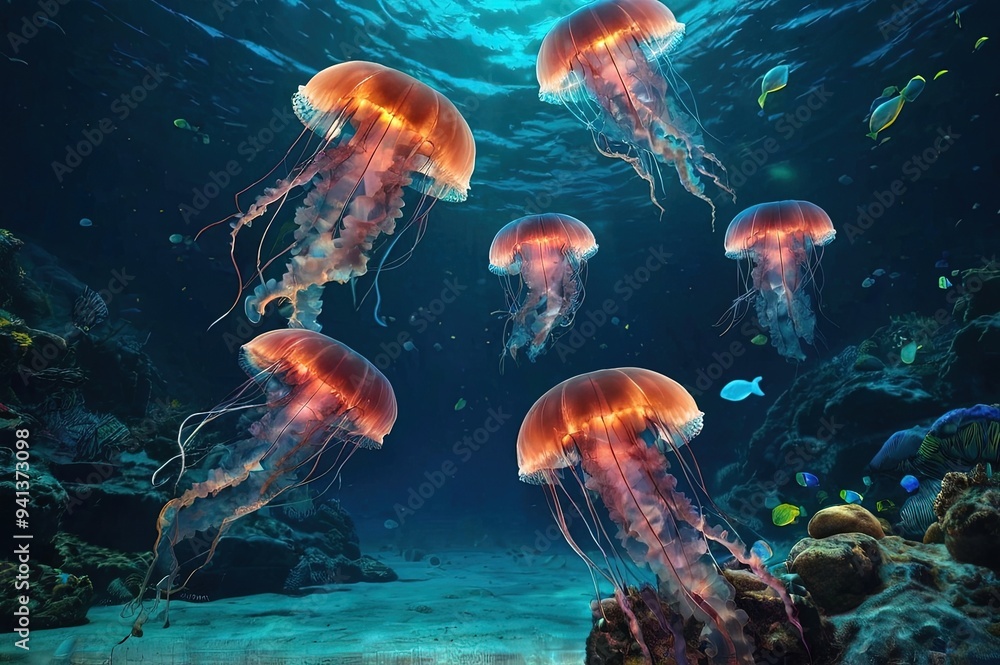 Underwater fantasy world. The dark bottom of the ocean, the abyss. Underwater fantasy world. The dark bottom of the ocean, the abyss.