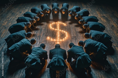 Group of businessmen in suits sitting around an illuminated dollar symbol surrounded by mystical atmosphere, symbolizing worship of money, reflecting on complexities of capitalism and materialism photo