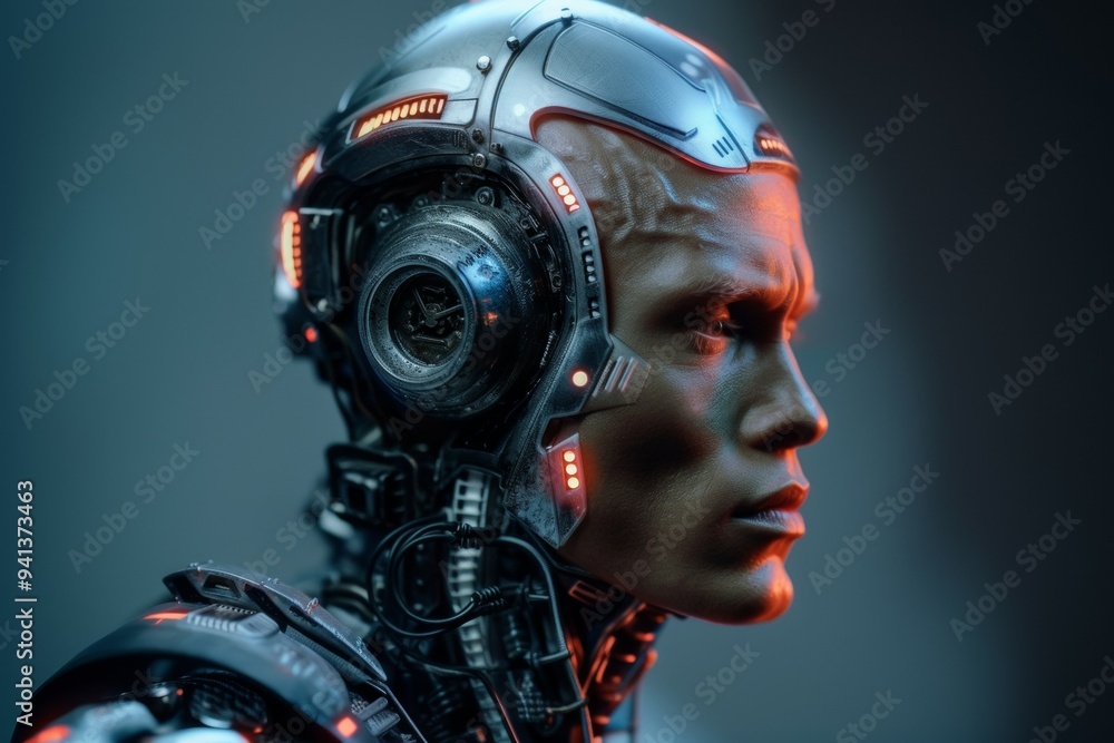 Side profile portrait of cybernetic human face with advanced mechanical implants, showcasing fusion of human and robotic elements, representing the merging of man and machine Side profile portrait of cybernetic human face with advanced mechanical implants, showcasing fusion of human and robotic elements, representing the merging of man and machine