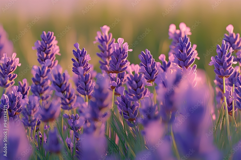Fototapeta premium Closeup of purple lavender flowers blooming in a field at sunset.