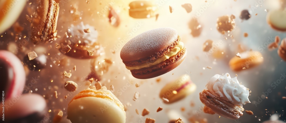 Colorful macarons and desserts float in a dreamy, ethereal setting, capturing a whimsical culinary experience. Colorful macarons and desserts float in a dreamy, ethereal setting, capturing a whimsical culinary experience.