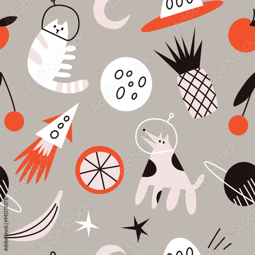Vector seamless pattern with space, animals and fruits. Modern design for fabric and paper, surface textures. 