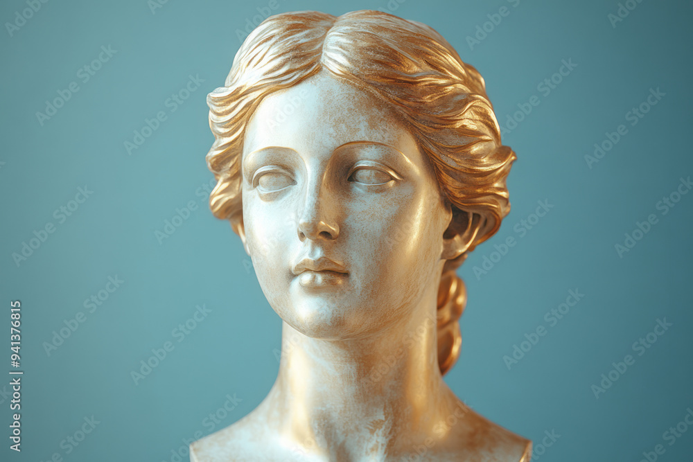 A golden statue, isolated on a pastel blue background, representing the use of gold in art and sculpture, A golden statue, isolated on a pastel blue background, representing the use of gold in art and sculpture,
