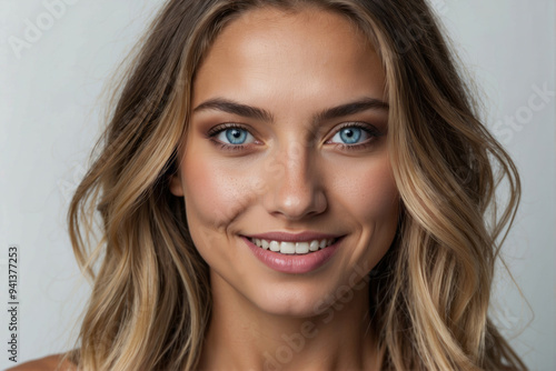 Close up of young attractive woman with beautiful long hair and blue eyes on white background