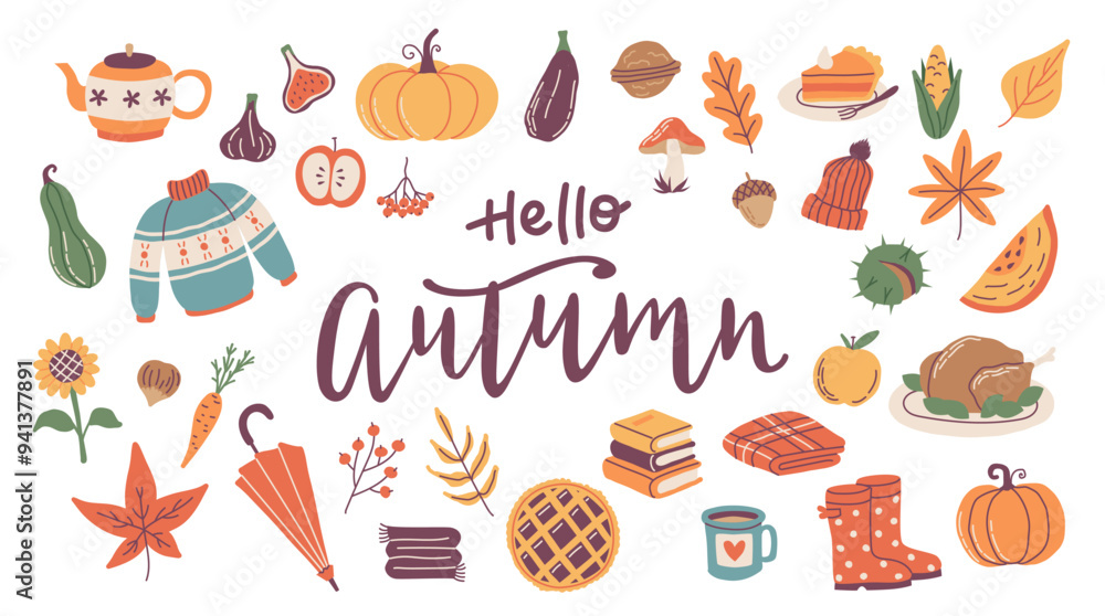 Hello autumn elements set with calligraphy, cute hand drawn seasonal objects. Vector illustration in flat style Hello autumn elements set with calligraphy, cute hand drawn seasonal objects. Vector illustration in flat style