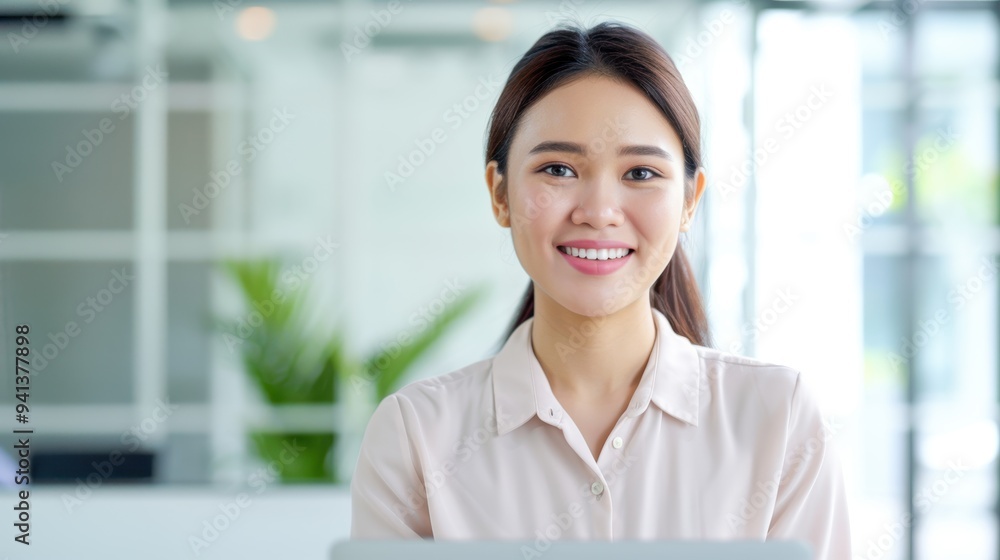 A cheerful young woman smiling confidently in a modern office setting, embodying professionalism and positivity in her workspace. A cheerful young woman smiling confidently in a modern office setting, embodying professionalism and positivity in her workspace.