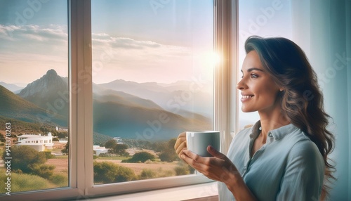 Mujer joven de exito, mirando a traves de la ventana, mientras sostiene un café photo