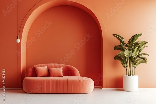 Minimalist interior design of modern living room with vibrant orange arched wall.
