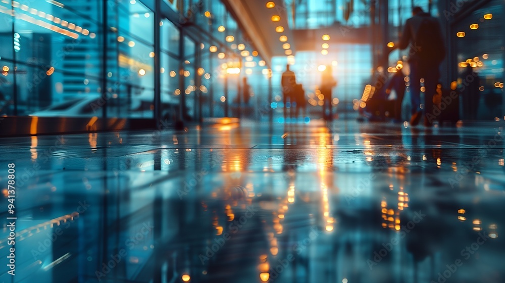 Fototapeta premium A bustling urban scene with reflections on wet floors and people in motion.