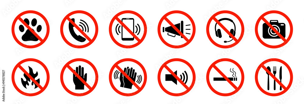 Set of no music, sound, fire, pet, eat . No noise, disturb or loudly. Red prohibition sign. Vector illustration Set of no music, sound, fire, pet, eat . No noise, disturb or loudly. Red prohibition sign. Vector illustration