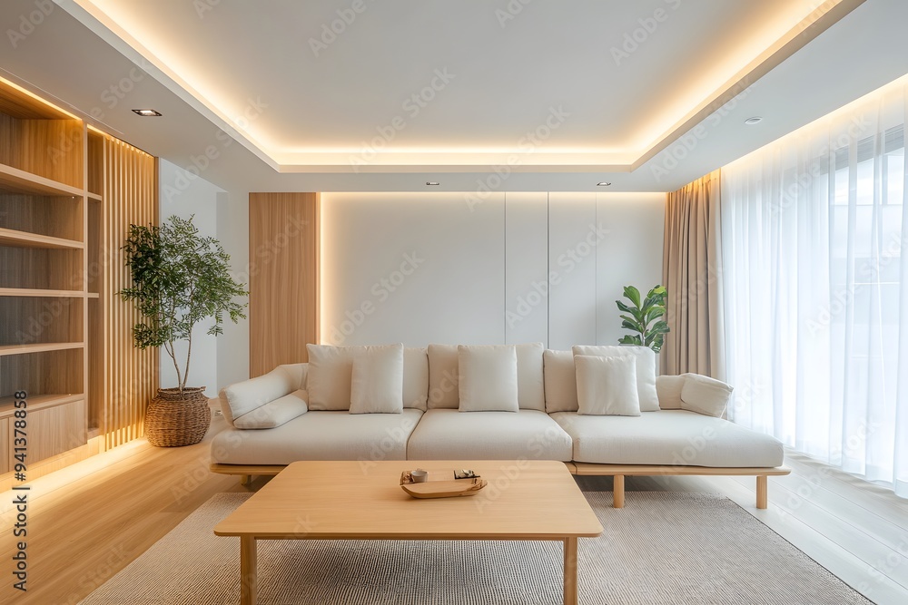 Fototapeta premium Minimalist, japandi interior design of modern living room.
