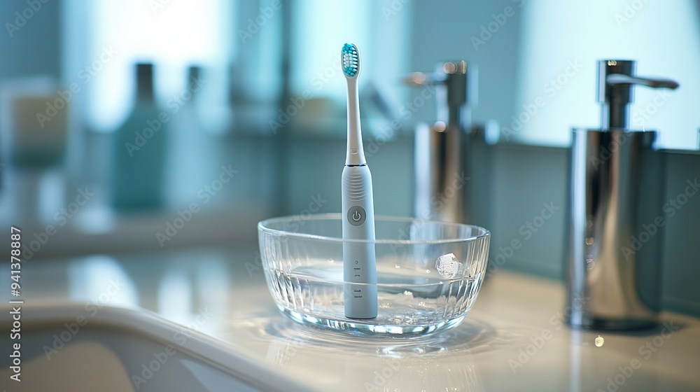 Close-up of an electric toothbrush resting in a glass holder on a bathroom counter, with plenty of negative space for text overlay. Close-up of an electric toothbrush resting in a glass holder on a bathroom counter, with plenty of negative space for text overlay.