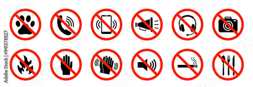 Set of no music, sound, fire, pet, eat . No noise, disturb or loudly. Red prohibition sign. Vector illustration