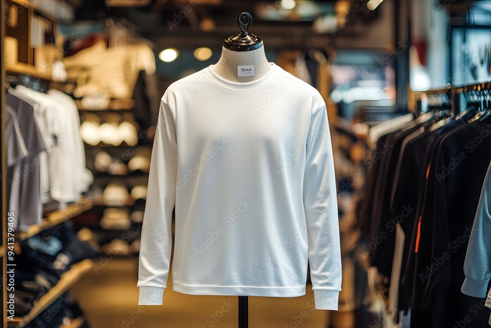 A white plain long sleeve mockup displayed on a mannequin in a clothing store, set against a modern retail background, highlighting a clean and sophisticated design....... A white plain long sleeve mockup displayed on a mannequin in a clothing store, set against a modern retail background, highlighting a clean and sophisticated design.......