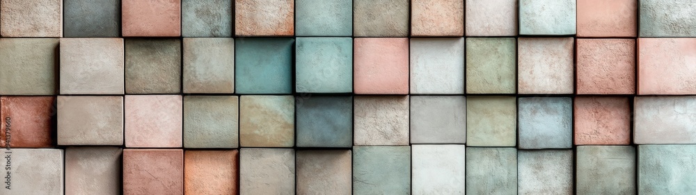 Fototapeta premium Intricate Tile Mosaic Design, vibrant patterns on a soft pastel backdrop, ideal for creative projects needing stylish decorative elements and customizable text areas