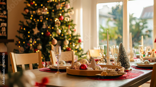 Cozy Christmas Dining Room with Festive Table Decor and Tree in Background