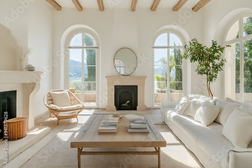 Rustic coffee table between sofa and chairs against fireplace and arched windows. Mediterranean modern cottage style home interior design of modern living room.