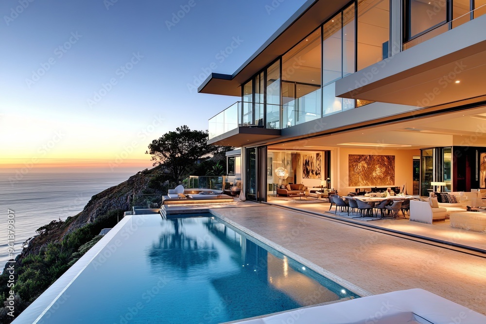 Fototapeta premium Modern house with infinity pool overlooking the ocean at sunset.