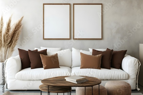 Rustic coffee table near white sofa with brown pillows against wall with two poster frames. Boho ethnic home interior design of modern living room. photo