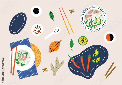 Vector illustration with pho bo soup plate and ingredients. Modern flat design