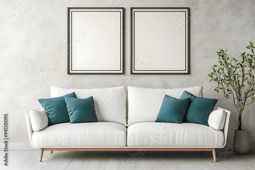 White sofa with teal pillows against beige stucco wall with two frames. Minimalist interior design of modern living room.