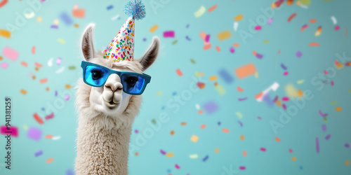 Funny pink llama alpaca in sunglasses and birthday cap with confetti flying all around on pastel blue background. Birthday card concept.