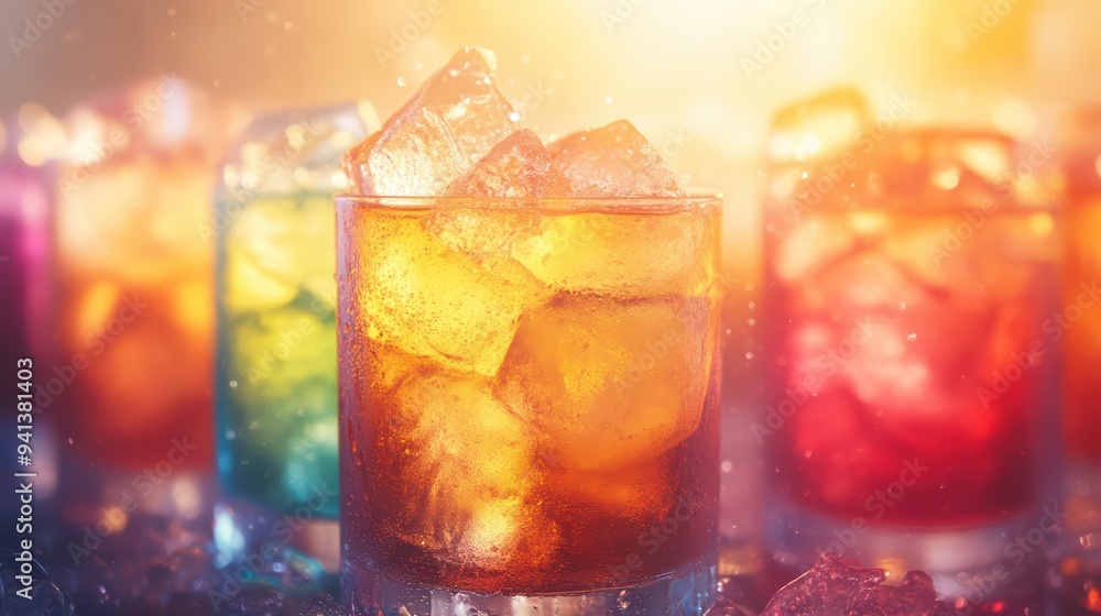 Vibrant cocktails with ice cubes illuminated by warm light, perfect for summer gatherings and festive celebrations. Vibrant cocktails with ice cubes illuminated by warm light, perfect for summer gatherings and festive celebrations.