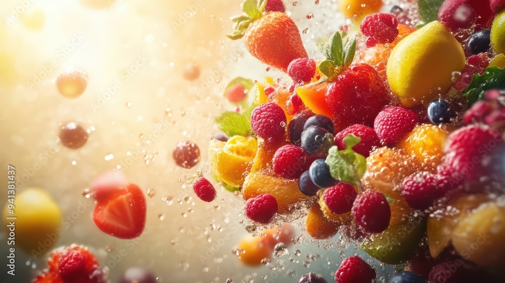 Vibrant explosion of assorted fruits in a refreshing splash, showcasing colorful strawberries, raspberries, and citrus. Vibrant explosion of assorted fruits in a refreshing splash, showcasing colorful strawberries, raspberries, and citrus.