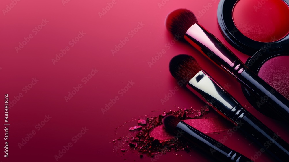An arrangement of various cosmetic brushes, powder crushed eyeshadow, and compacts against a vibrant red background, portraying a scene of beauty and makeup artistry An arrangement of various cosmetic brushes, powder crushed eyeshadow, and compacts against a vibrant red background, portraying a scene of beauty and makeup artistry