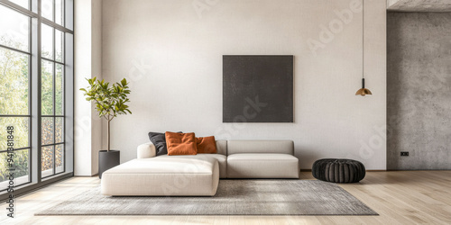 Luxury living room interior design composition with a sofa, natural lighting and copy space. Architectural design composition for showcasing purposes.