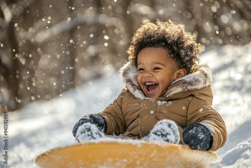 Joyful Toddler Boy Sledding in the Snow