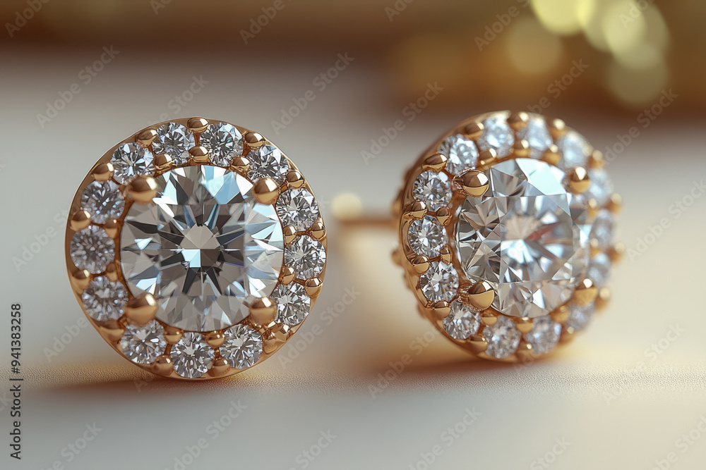 A pair of diamond-studded earrings, isolated on a pastel beige background, capturing the brilliance and allure of fine jewelry, A pair of diamond-studded earrings, isolated on a pastel beige background, capturing the brilliance and allure of fine jewelry,