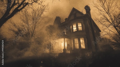 A hauntingly beautiful vintage house shrouded in fog, illuminated by warm light, perfect for spooky themes and Halloween decor. photo