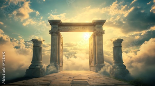 Ancient Stone Archway Leading to a Bright Light in a Cloudy Sky