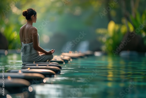 Young woman sitting in lotus pose on stones in water with candles