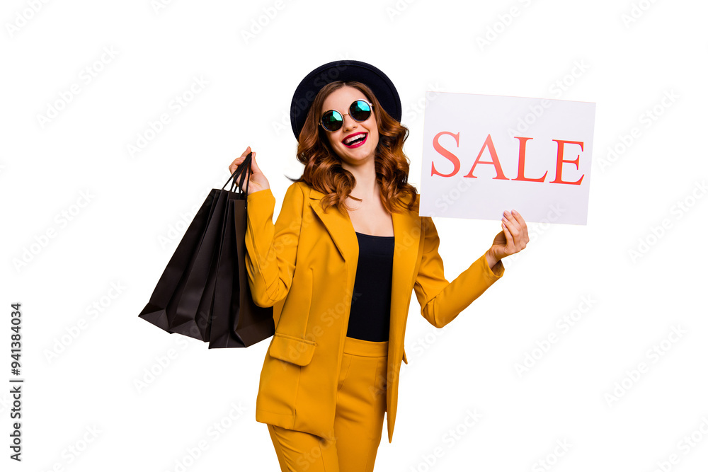 Close up photo beautiful she her lady recommend black friday carry packs paper promotion buy buyer birthday sale discount wear specs formal-wear costume suit isolated yellow bright background Close up photo beautiful she her lady recommend black friday carry packs paper promotion buy buyer birthday sale discount wear specs formal-wear costume suit isolated yellow bright background