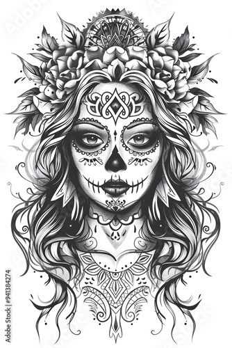 Day of the Dead Womans Head very simple traditional tattoo flash styles illustration