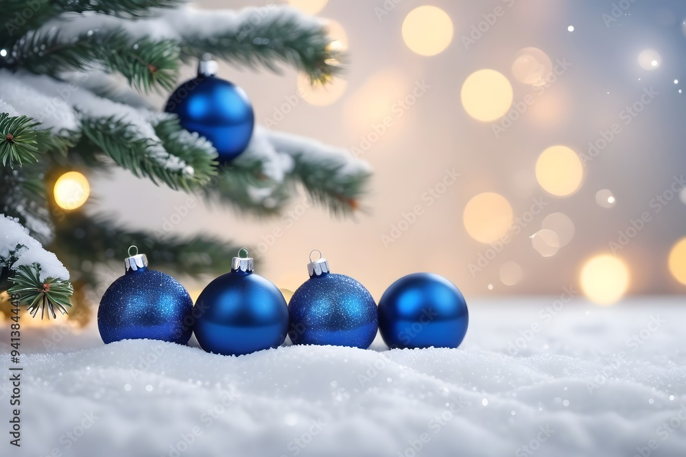 Holiday scene with a blue Christmas ball on snow. Festive ornament for the winter season. Holiday scene with a blue Christmas ball on snow. Festive ornament for the winter season.
