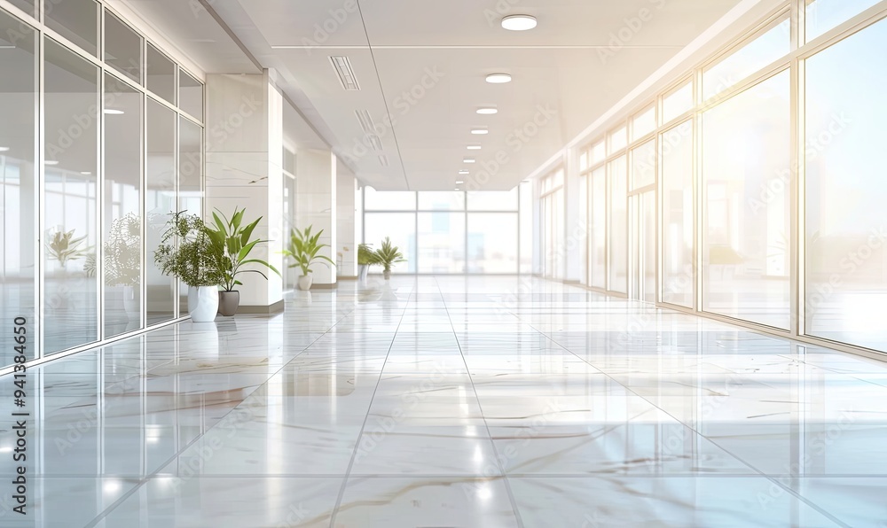 Modern office hallway with white tiled floor, glass walls and potted plants. Modern office hallway with white tiled floor, glass walls and potted plants.