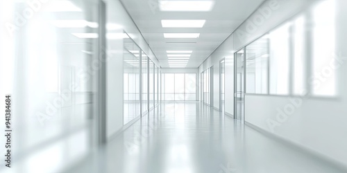 Modern, bright, white corridor with glass doors and ceiling lights.