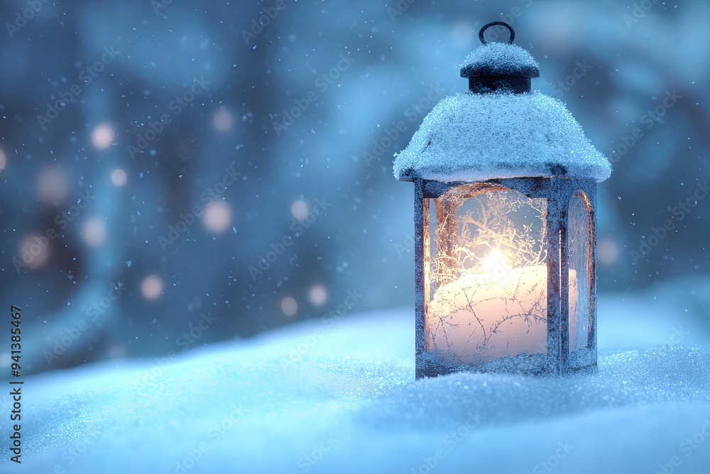 A frosted lantern with a glowing candle inside sits on a bed of fresh snow with a blurry blue and white background. A frosted lantern with a glowing candle inside sits on a bed of fresh snow with a blurry blue and white background.