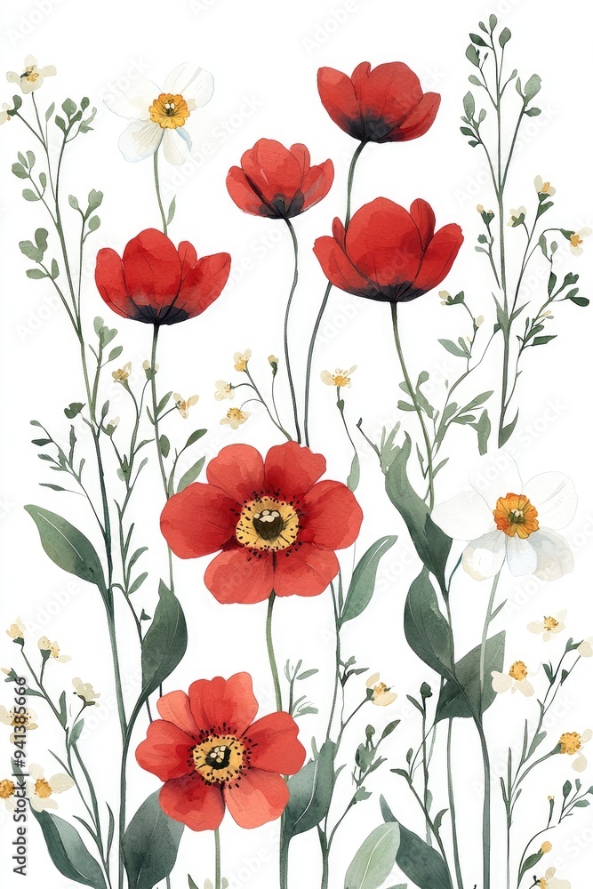 Fototapeta premium Watercolor Red Poppy Flowers and White Daisies Floral Design
