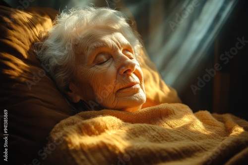 Elderly Person Resting Peacefully in Bed, Bathed in Warm Sunlight, Creating a Serene Atmosphere photo