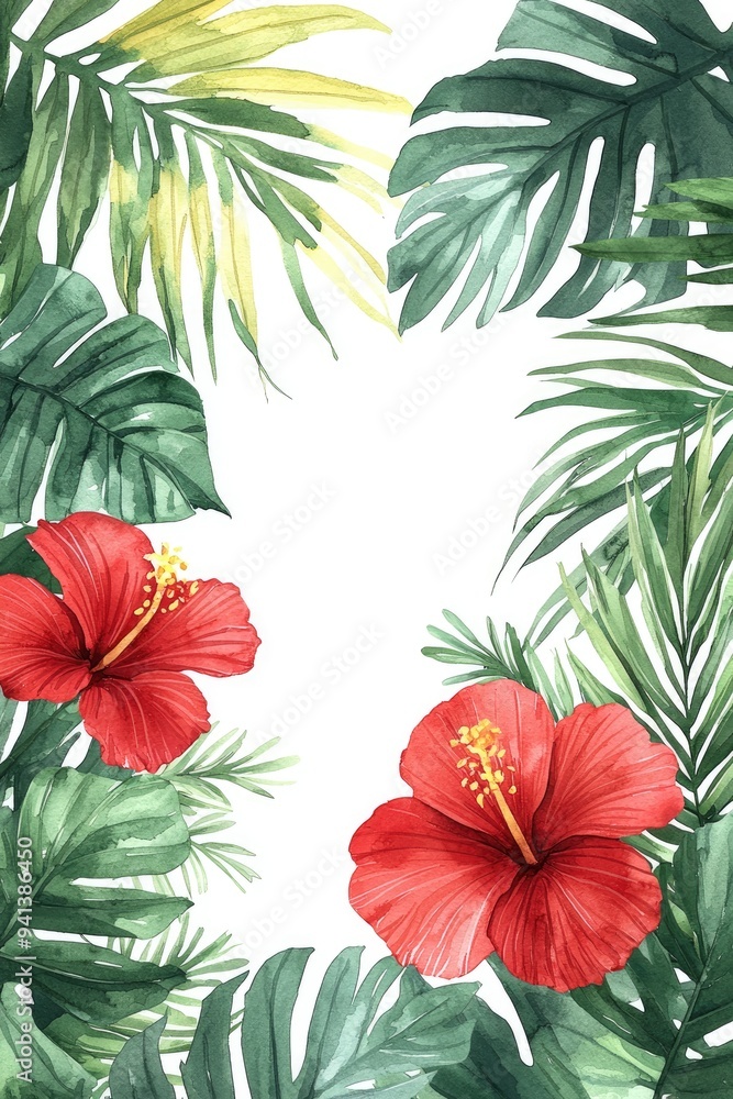 Tropical Floral Frame with Hibiscus and Palm Leaves Tropical Floral Frame with Hibiscus and Palm Leaves
